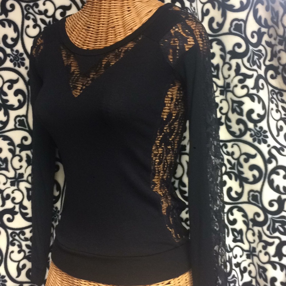 Bebe Black Ribbed Blouse Lace Sleeves sz s